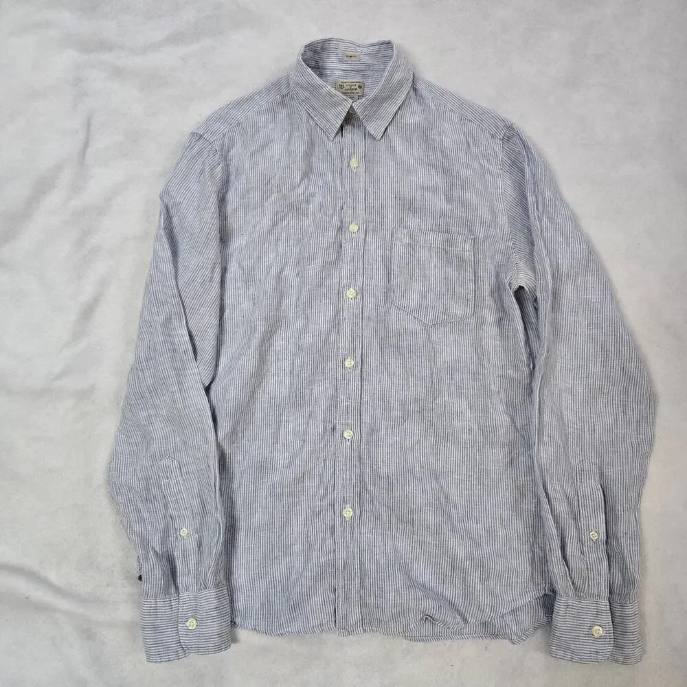 J. Crew Men's 100% Linen Button down Shirt, Medium Slim Fit, Blue White Striped